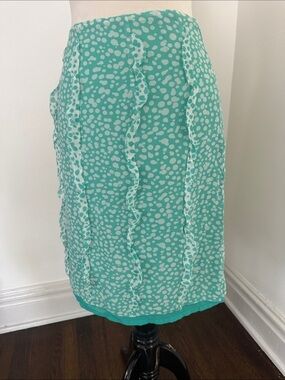 Cynthia Howie Silk Chiffon Teal Polka Dot Ruffle Pencil Skirt 12